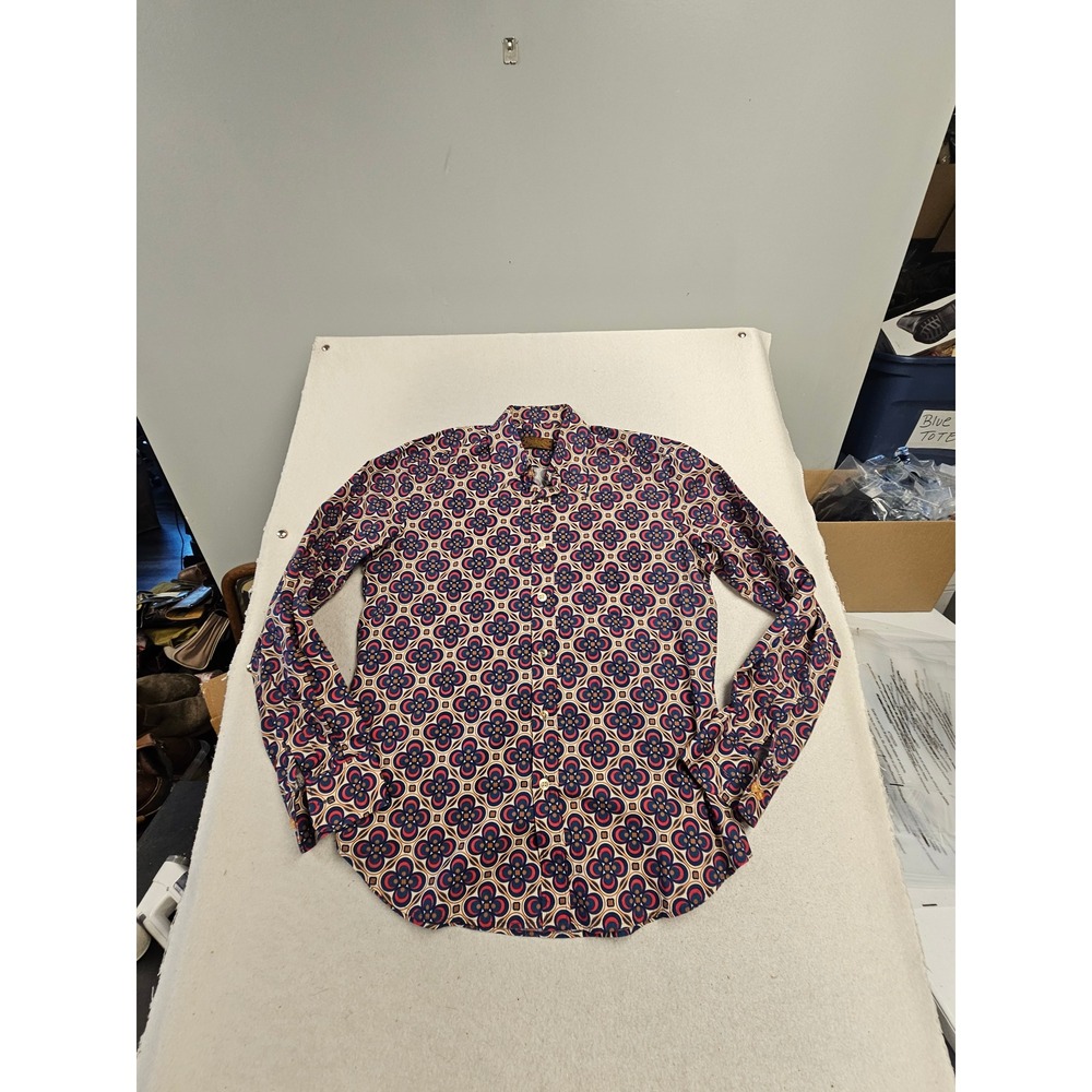 Chenaski Mens XL Retro 70s Psychedelic Geometric Floral Button Up Shirt Blue Red